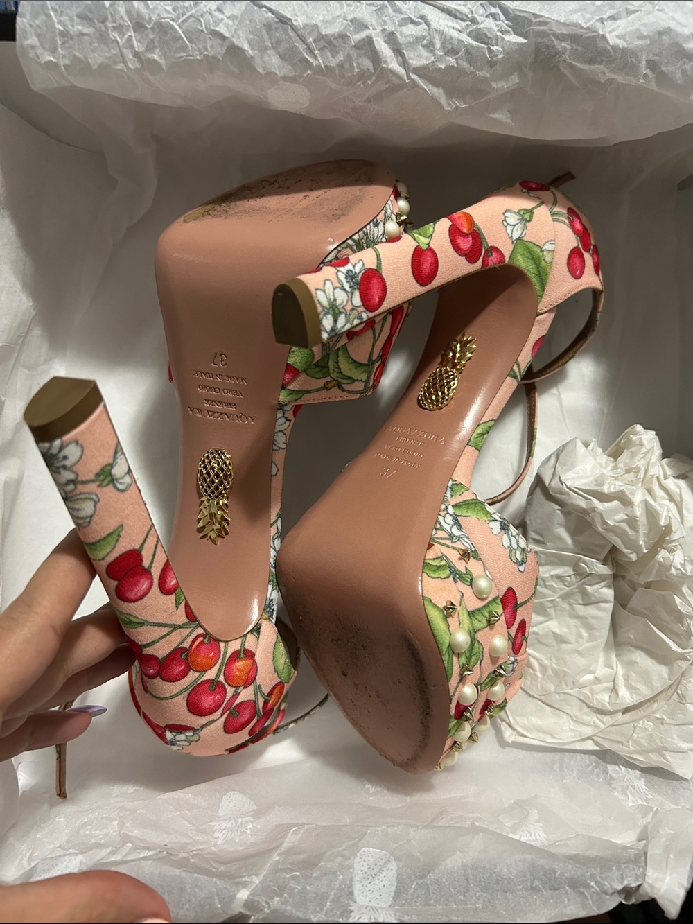 Aquazzura Cherry Floral Ankle-Strap Platform Heels - Pink & Red 💝 - Picture 7 of 8